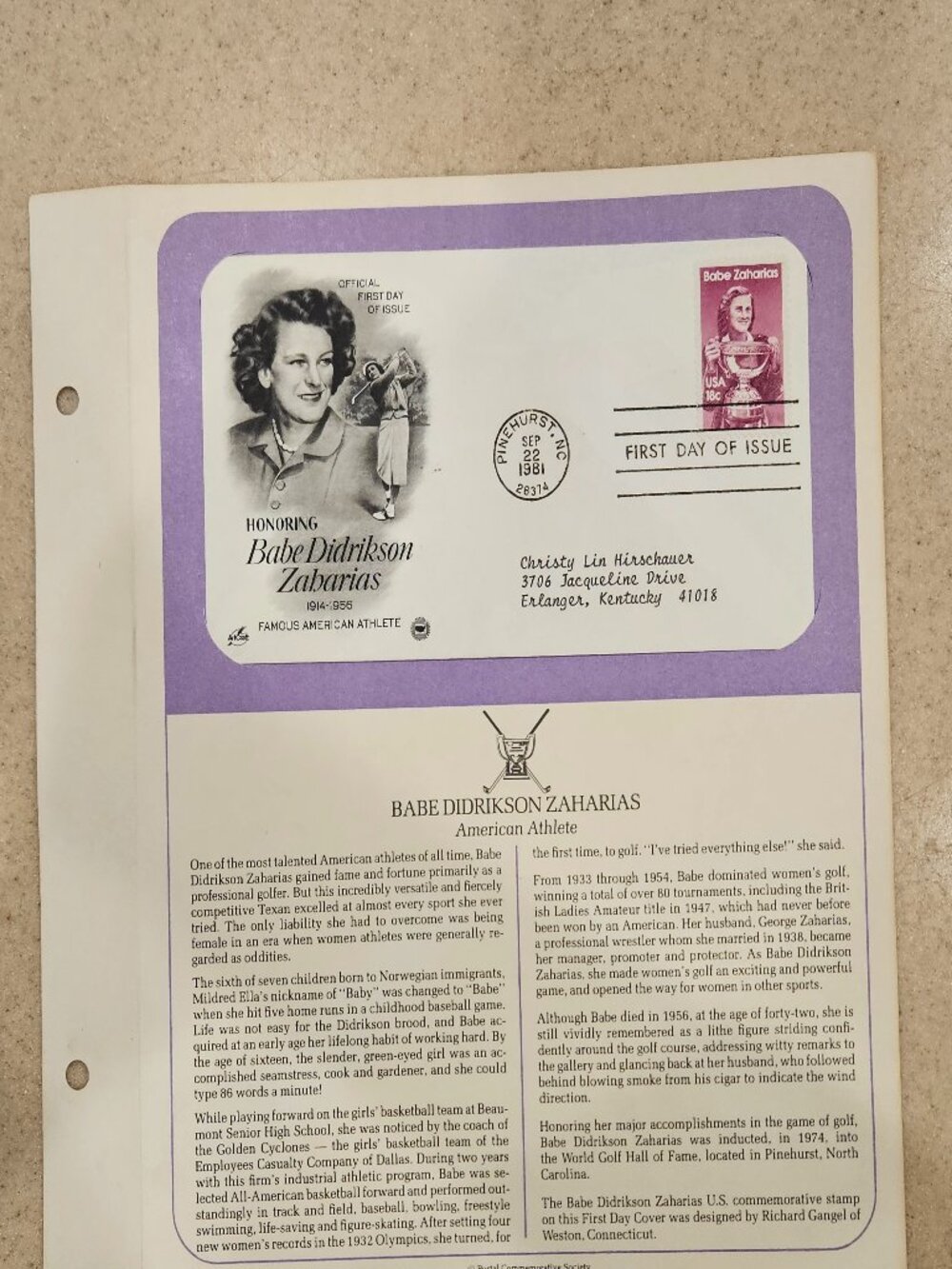 RARE COLLECTIBLE USPS 1ST DAY ISSUE COVER BABE DIDRIKSON ZAHARIAS WOMAN STAMP